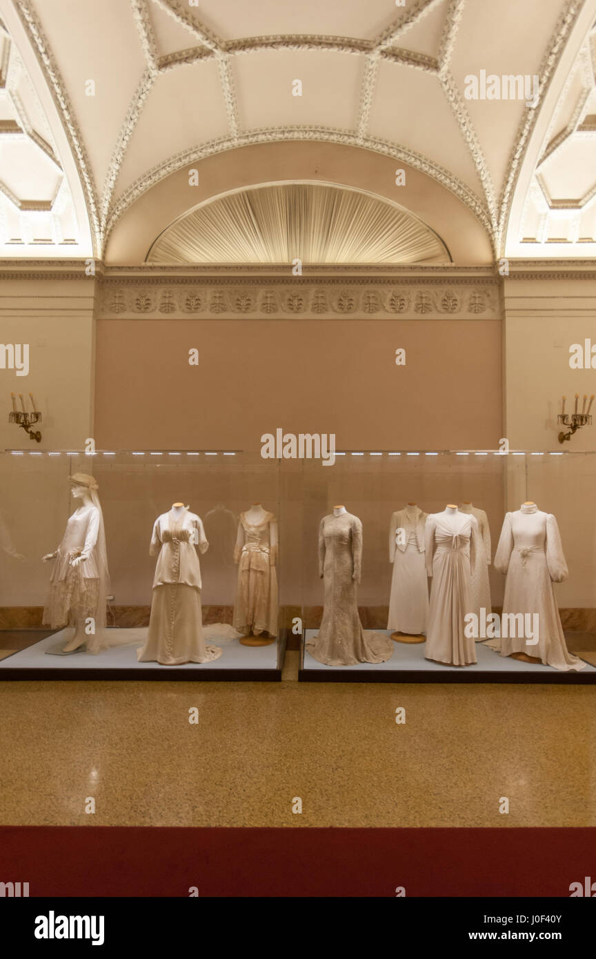 Dresses on view in the permenentt exhibition of the Costume Museum (Museo del Costume) at the Pitti Palace in Florence Stock Photo