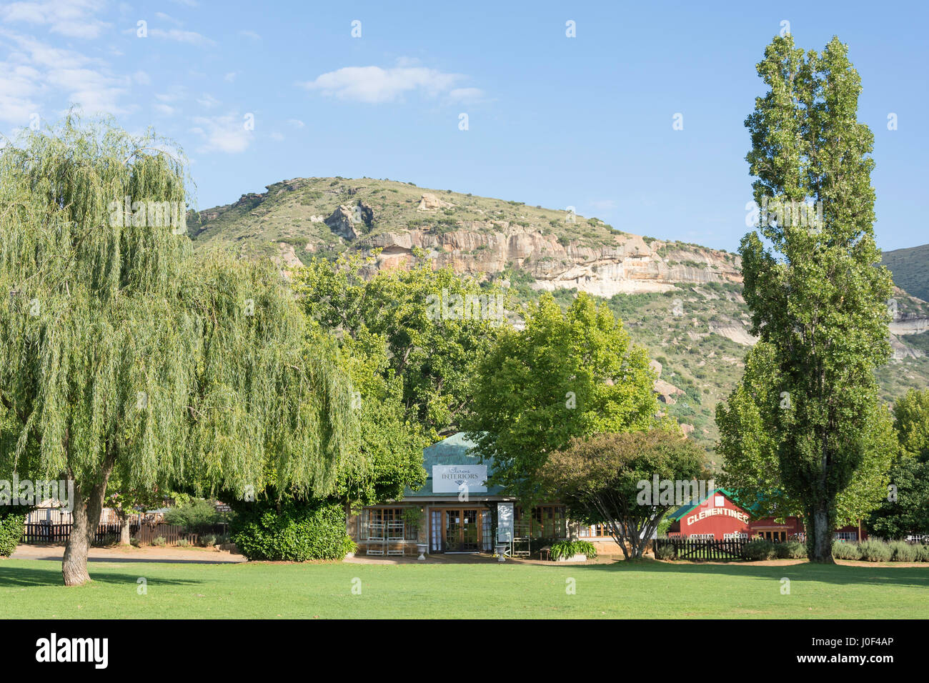 The Main Square Green, Clarens, Free State Province, South Africa Stock Photo