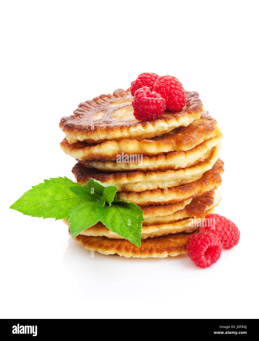 Pancakes Raspberry Blueberries Mint Pancakes with raspberry and mint. Isolated on white background Stock ...