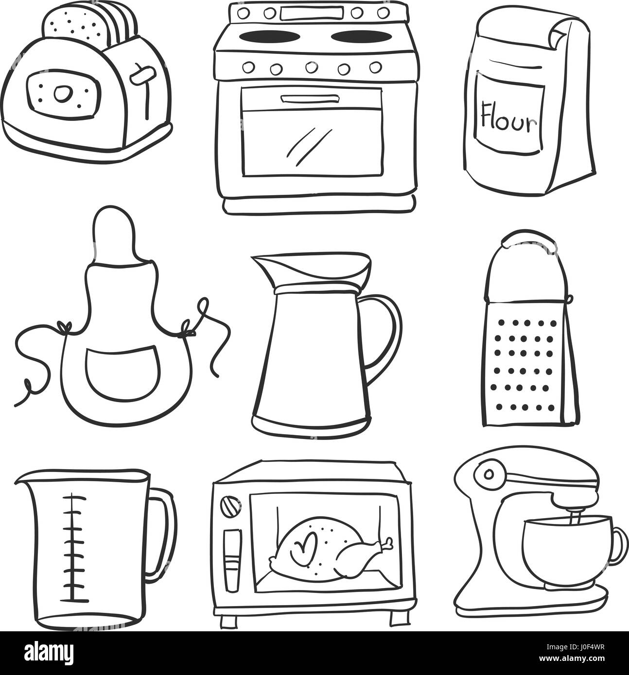 Collection equipment kitchen doodles vector art illustration Stock
