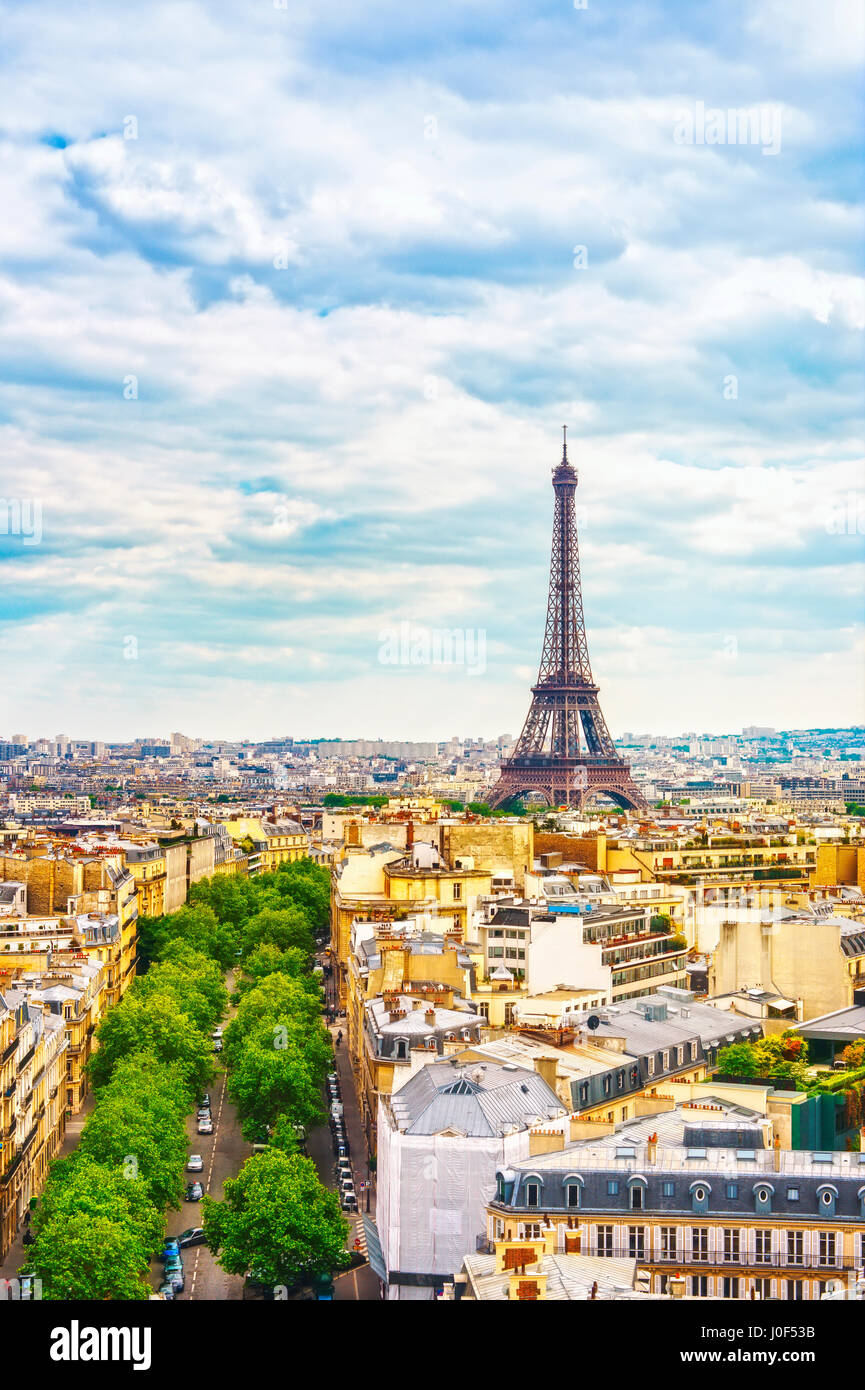 Eiffel Tower landmark, view from Arc de Triomphe. Paris cityscape. France, Europe Stock Photo