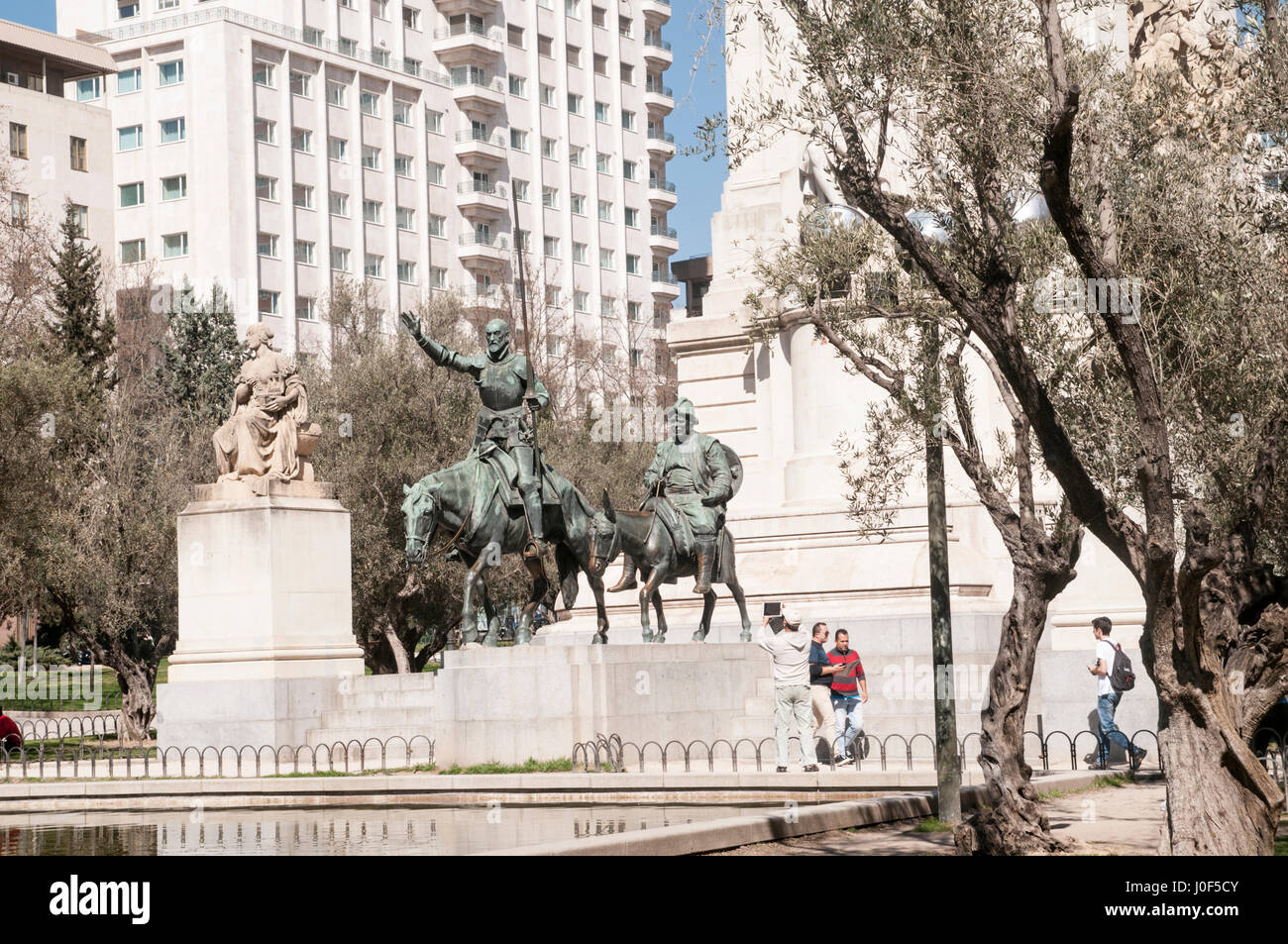 Statues of Don Quixote and Sancho Panza, Monument to Miguel de Cervantes, Plaza de Espa?a, Madrid, Spain Stock Photo
