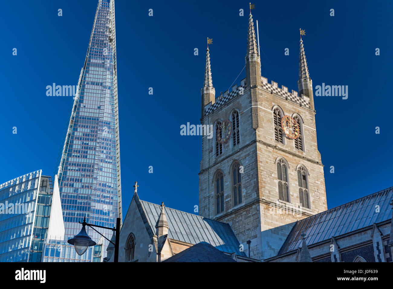 Southwark Cathedral and Shard skyscraper South Bank London UK Stock Photo