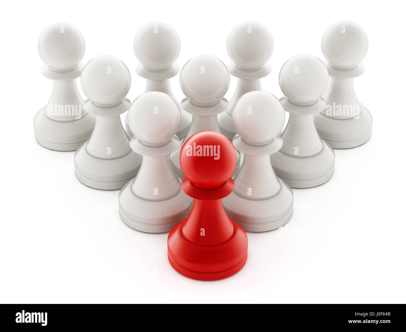 Red chess pawn standing ahead of white pawns. 3D illustration. Stock Photo