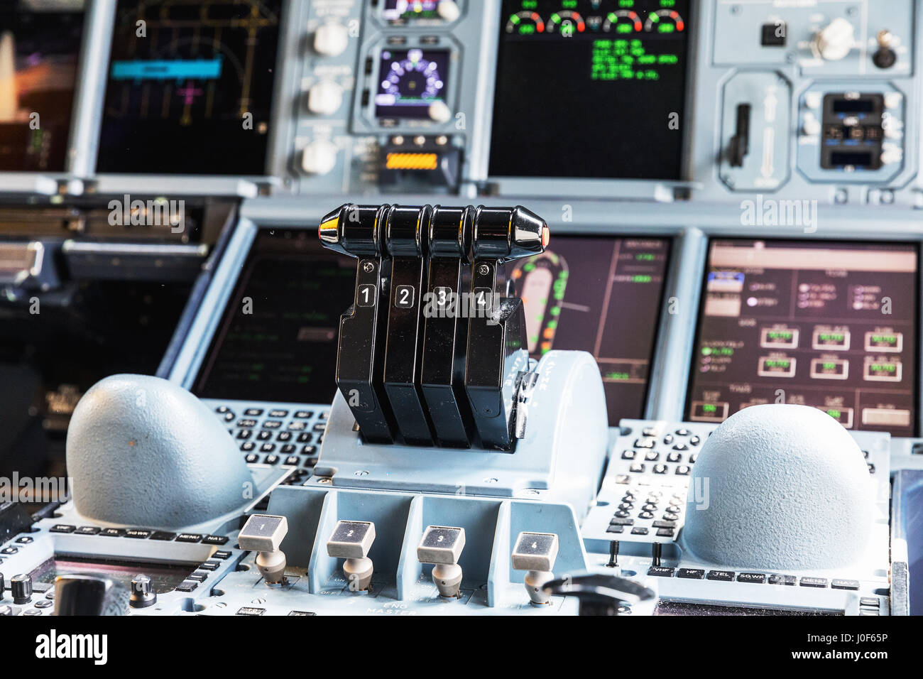 Detailed view of the dashboard and center console of the largest passenger aircraft . Cockpit of Airbus, largest passenger airline Stock Photo