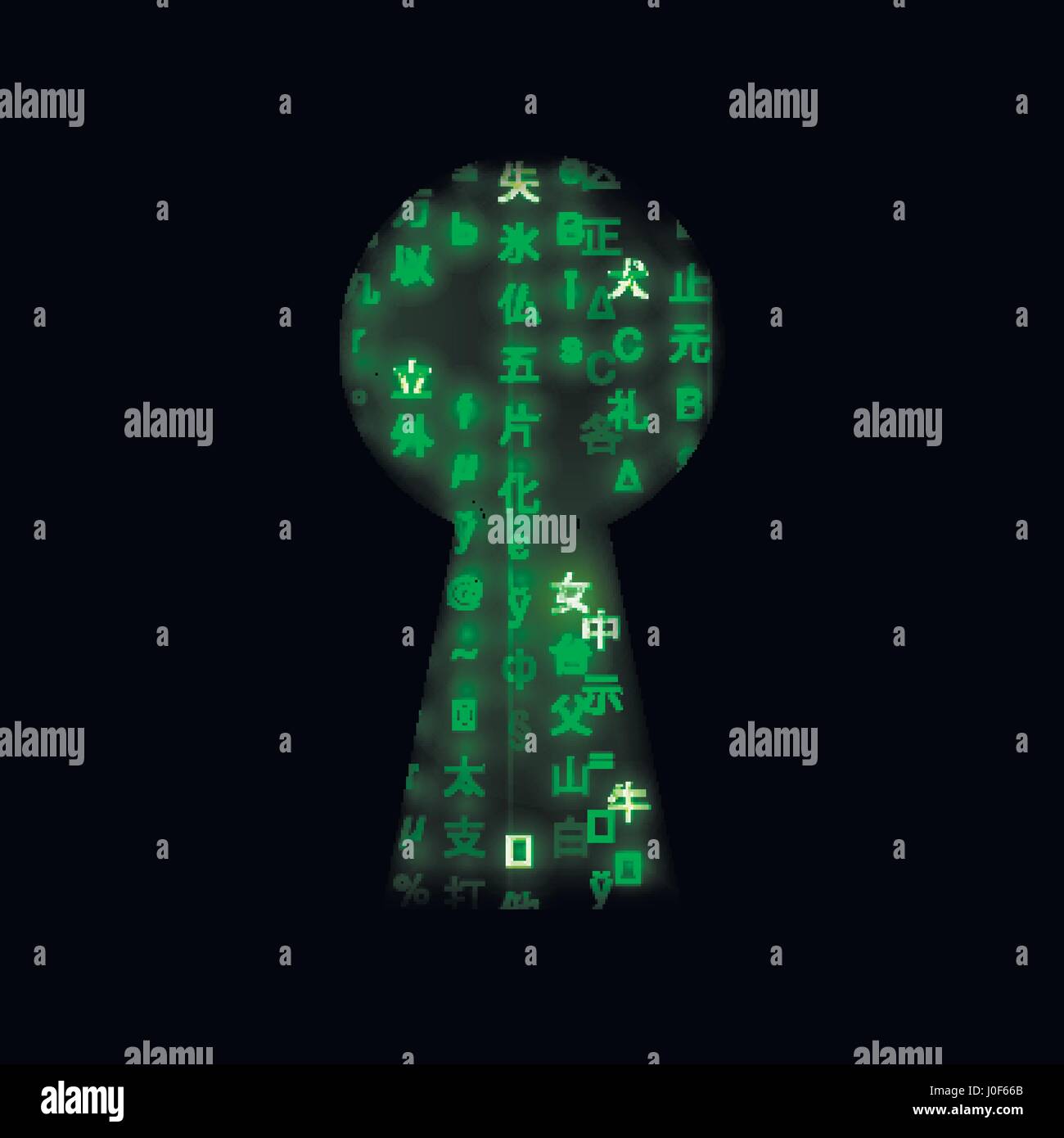 Black keyhole shape with matrix symbols. Computer security concept illustration. Stock Vector