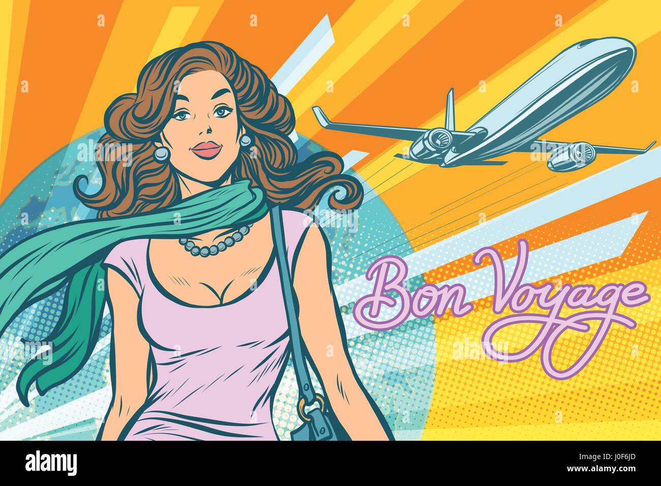 Beautiful young woman at the airport. Pop art retro vector illustration. Passenger traveler Stock Vector