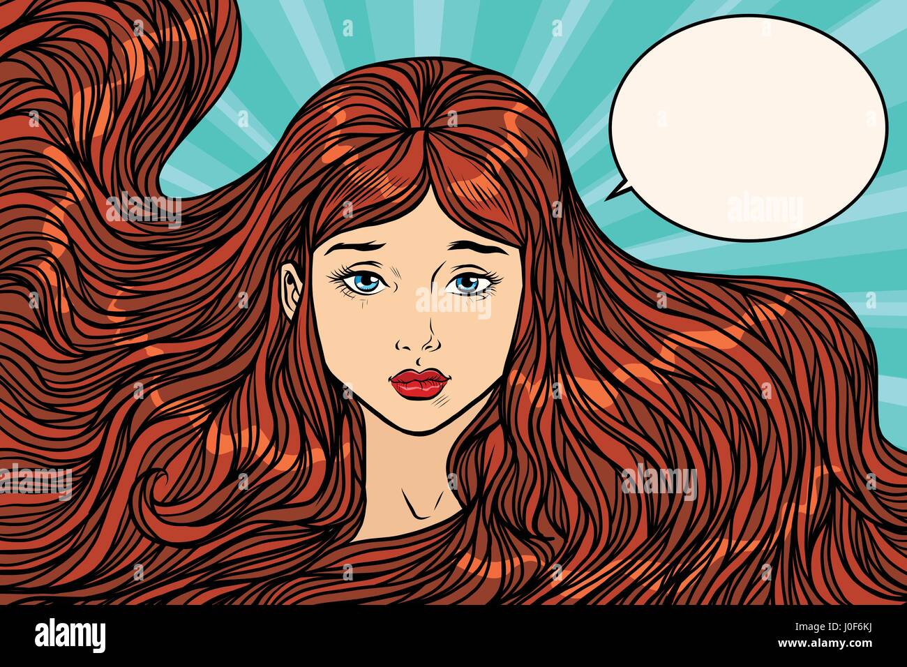 Sad young woman with long beautiful hair. Pop art retro vector illustration Stock Vector