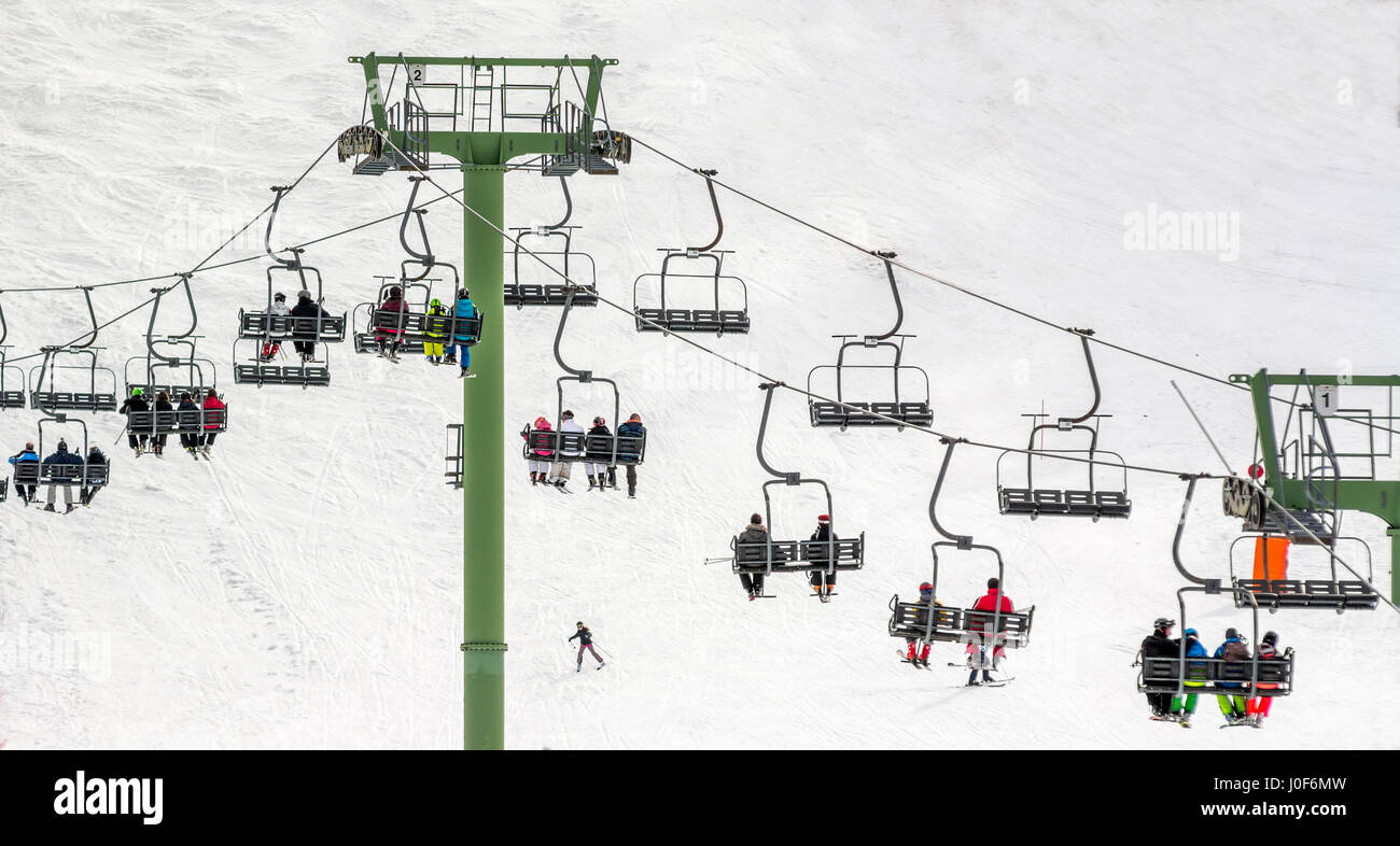 Row of chairlifts. Le Mont Dore ski resort, Auvergne, France Stock