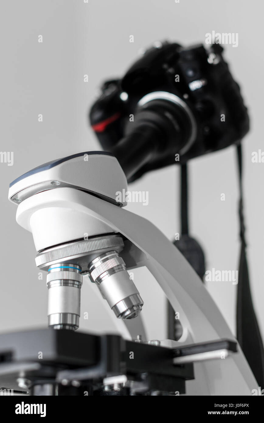 DSLR Camera attached with adapter to microscope. Stock Photo