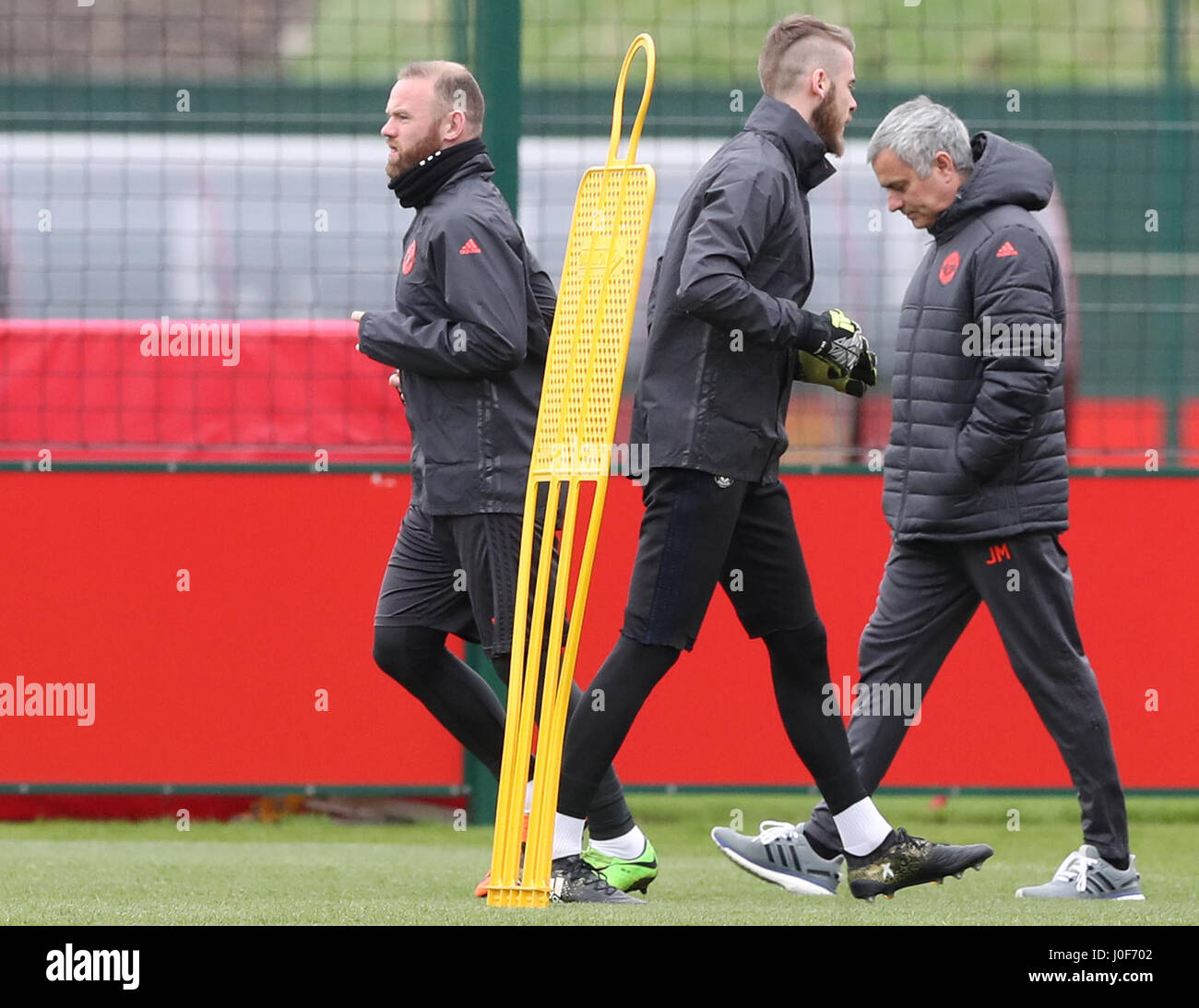 Manchester United manager Jose Mourinho (right) and Wayne Rooney during the training session at the Aon Training Complex, Carrington. PRESS ASSOCIATION Photo. Picture date: Wednesday April 12, 2017. See PA story SOCCER Man Utd. Photo credit should read: Martin Rickett/PA Wire Stock Photo