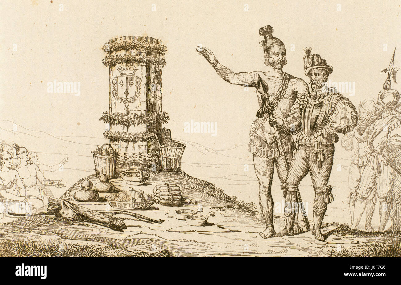 The French explorer Rene Goulaine de Laudonniere (1529-1574) and the Indian Chief Athore visit the Jean Ribault's (1520-1565) column, erected in 1568 in the Northern Florida. Engraving, 1841. Stock Photo