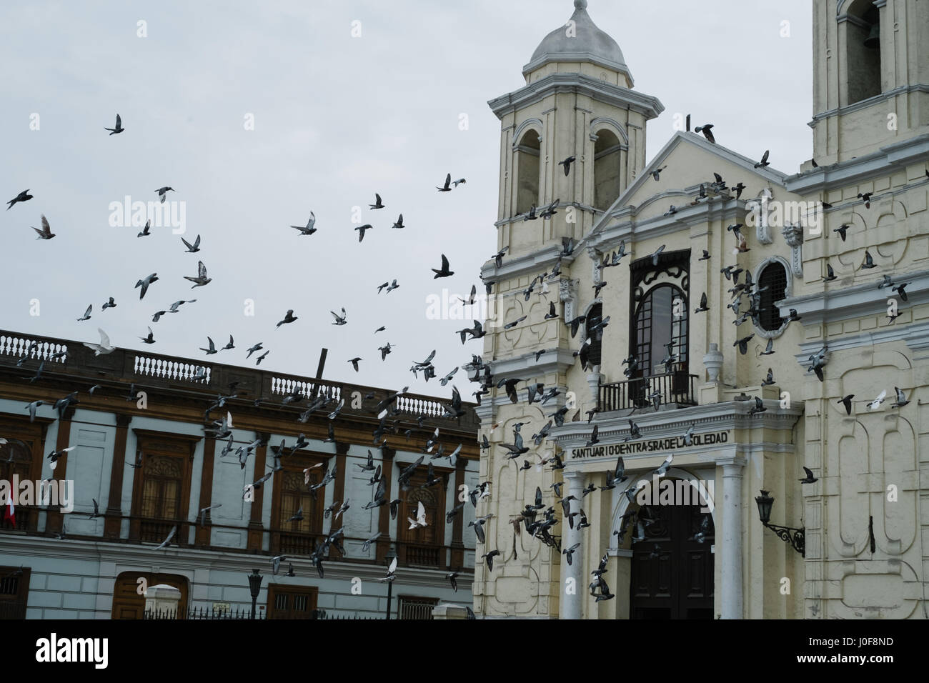 Plaza de Armas in the Old center of Lima with church. Stock Photo