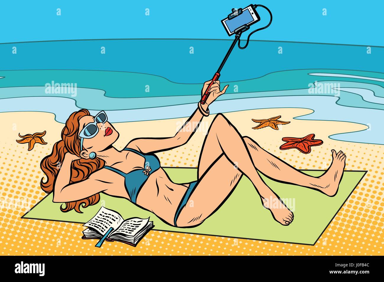 Beautiful young woman on the beach doing a selfie. Photographed on the phone. Comic cartoon illustration pop art retro vector Stock Vector