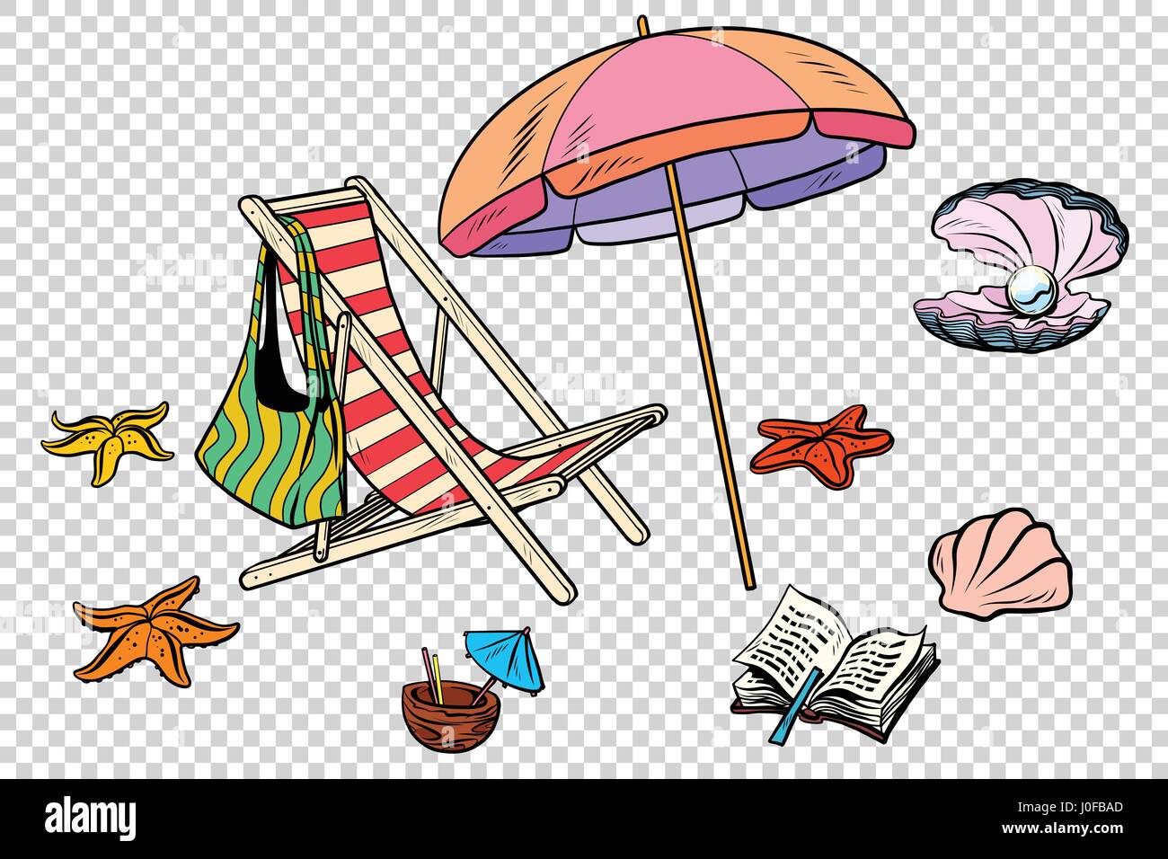 Beach set tourism and leisure on the sea isolate. Comic cartoon illustration pop art retro vector Stock Vector