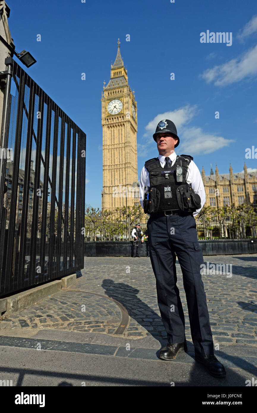 A new set of security gates which have been installed at the Carriage Gates entrance to the Houses of Parliament in London, following the Westminster terror attack. Stock Photo