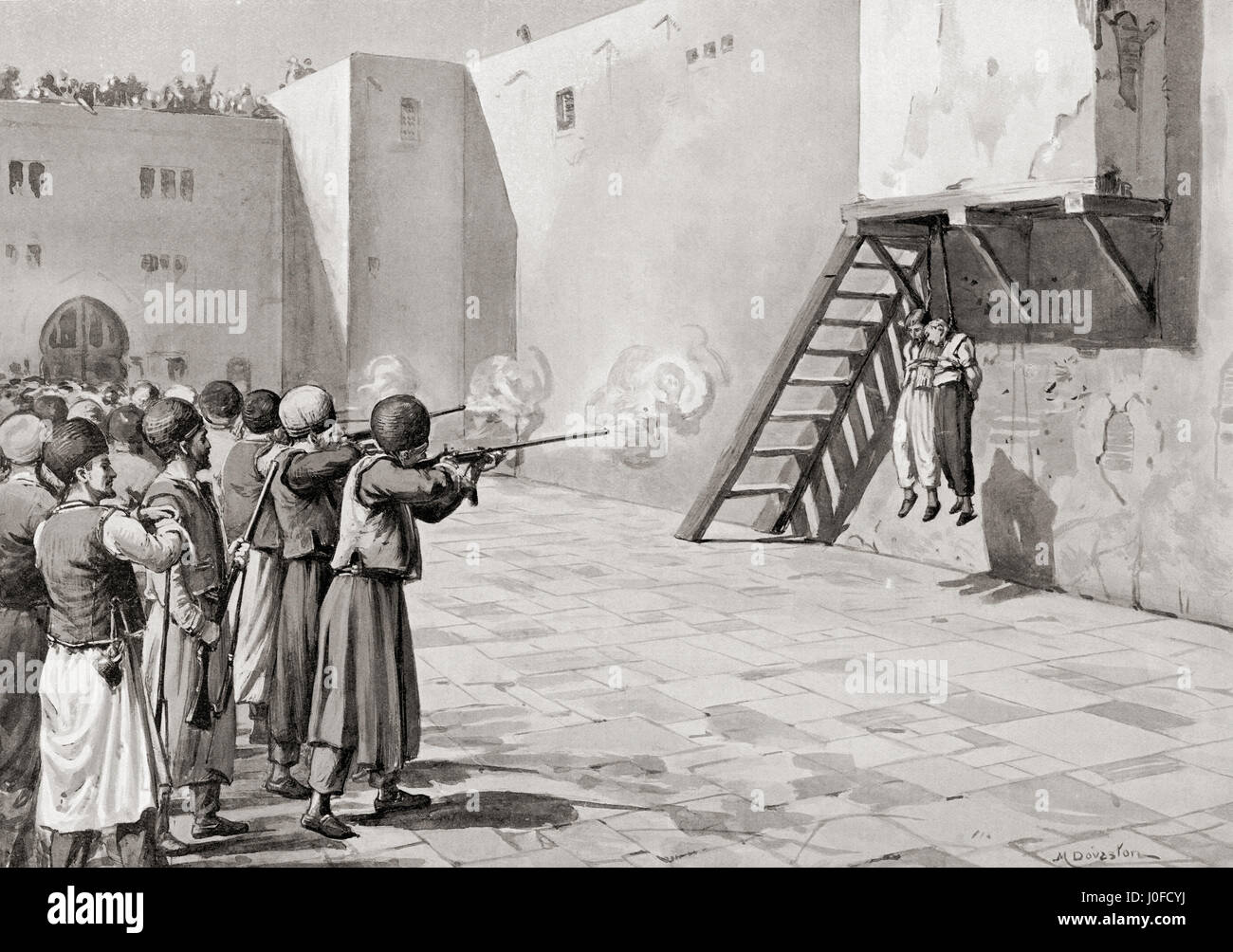 The execution of The Bab in Tabriz in 1850.  The Báb, birth name Sayyed ʿAli Muhammad Shirāzi, 1819 –  1850.  Founder of Bábism, new religious movement which signaled a break with Islam, it was however suppressed by the Iranian government, leading to the persecution and killing of between two and three thousand of his followers, called Bábís. In 1850, at the age of thirty, the Báb was shot by a firing squad.  After the painting by Margaret Dovaston, (1884-1954).  From Hutchinson's History of the Nations, published 1915 Stock Photo