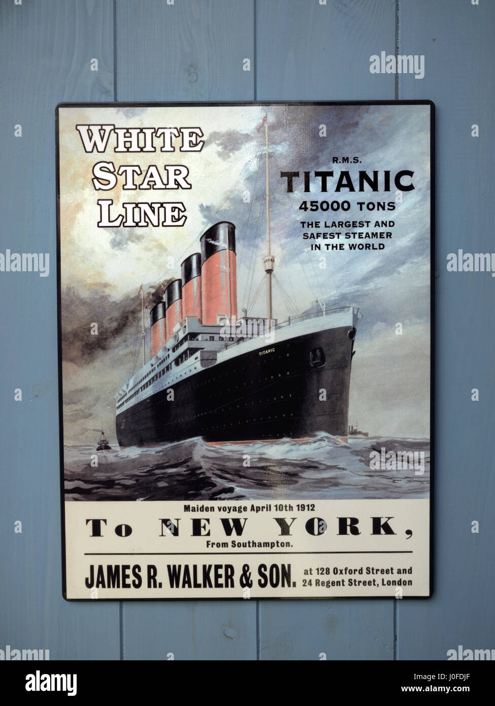 TITANIC Replica Poster advertising the first sailing of Titanic to New York April 10th 1912 Titanic tragically sank en-route on April 15th 1912 Stock Photo