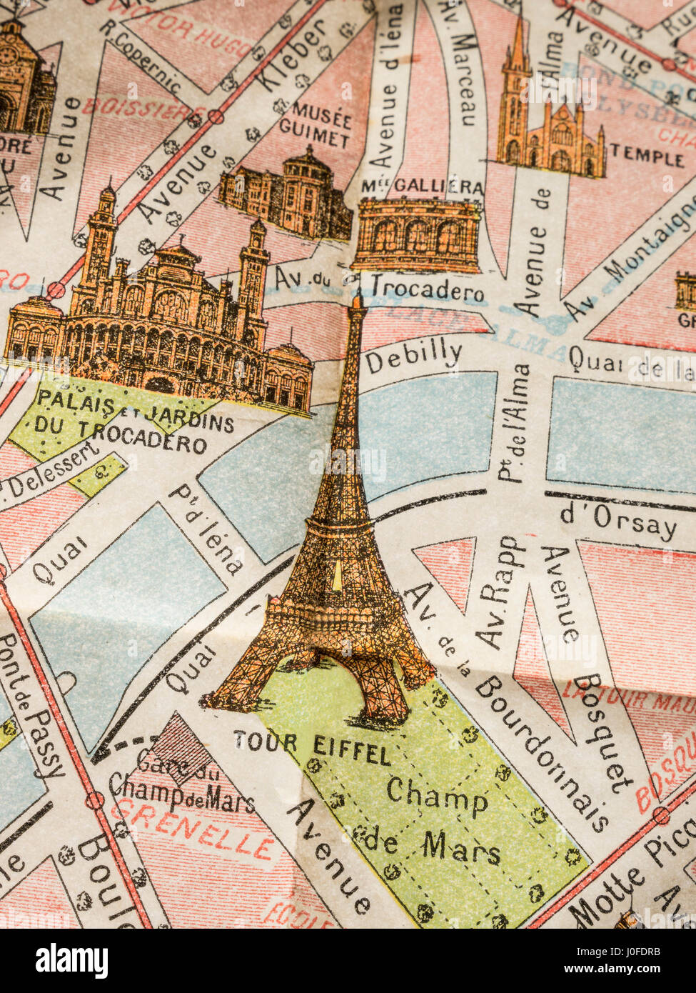 PARIS VINTAGE RARE MAP DETAIL Fine print detail of rare 1900's vintage retro colour Monumental Map of Paris, featuring Eiffel Tower and Trocadero etc Stock Photo