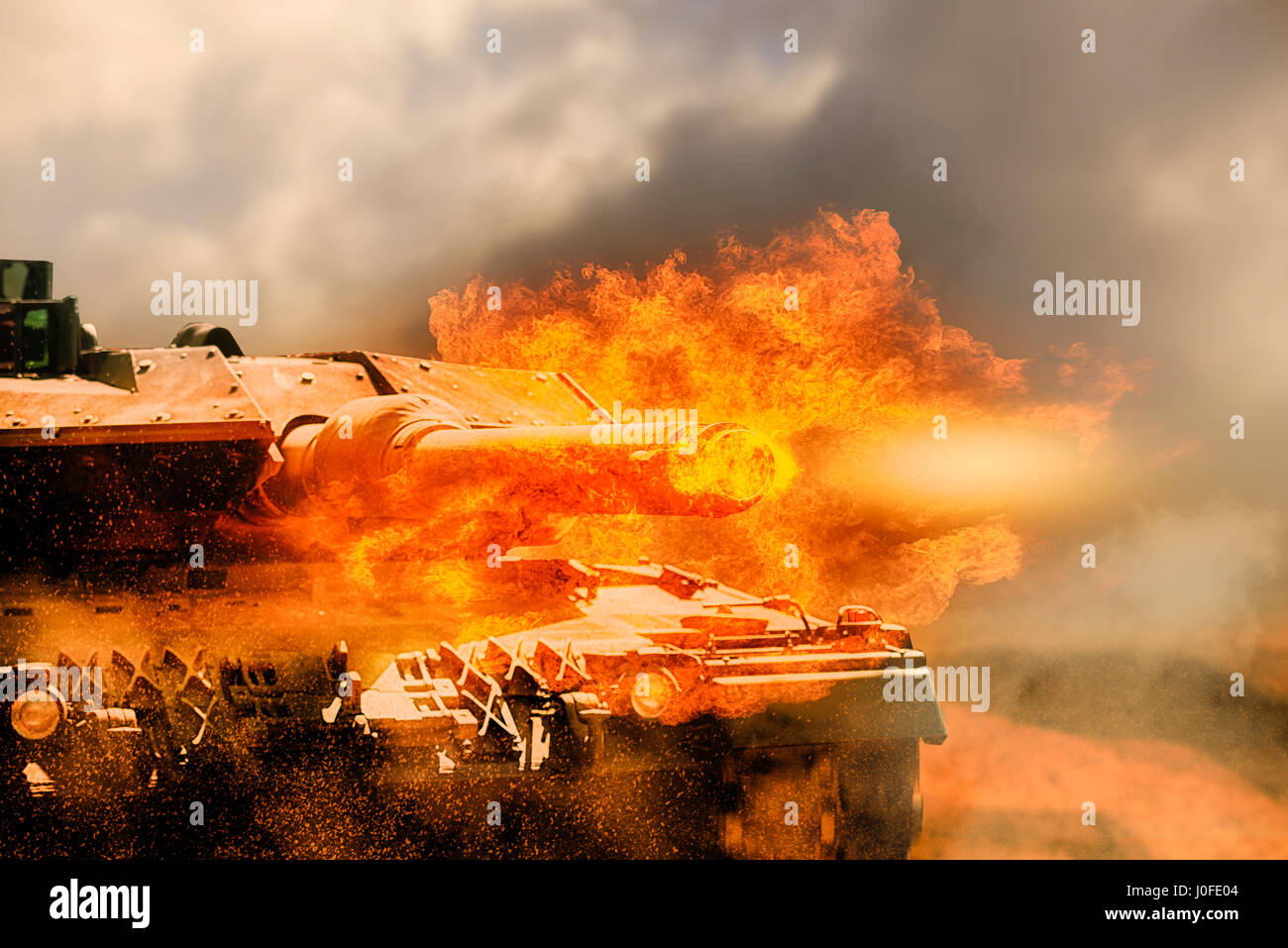 close up on armored tank fire a cannon Stock Photo Alamy