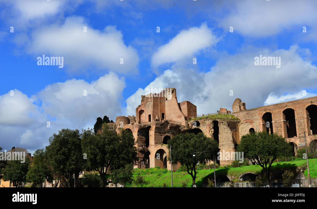 Imperial Palace ancient ruins at the top of Palatine Hill in Rome, panoramic view with beautiful clouds Stock Photo