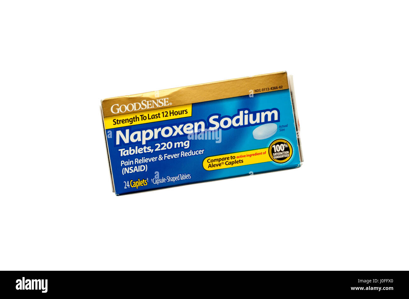 A box of Naproxen Sodium caplets. A nonsteroidal anti-inflammatory drug, NSAID, used for reduction of fever and pain relief. Stock Photo