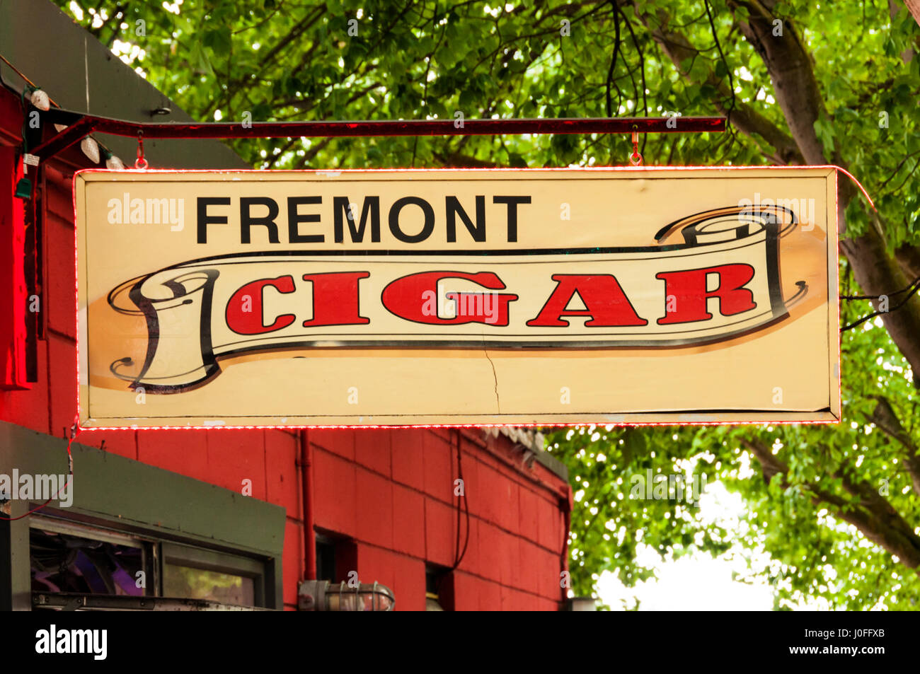 Sign for Fremont Cigar tobacco shop in Fremont, Seattle, USA Stock Photo