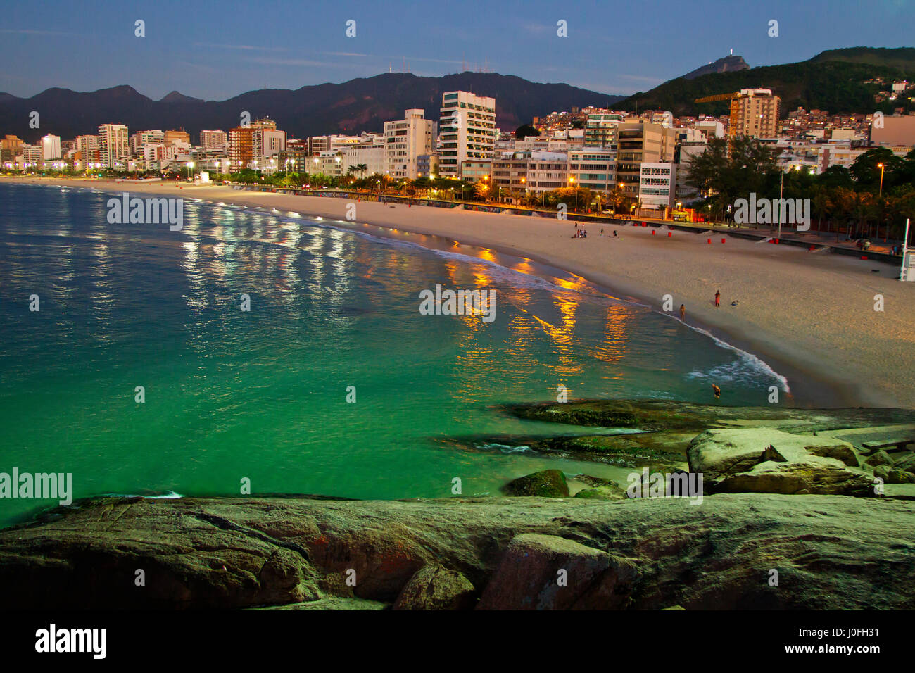 Arpoador and Ipanema beach at dawn, Rio de Janeiro with Two Brothers Mountain in the background, Rio de Janeiro, Brazil Stock Photo