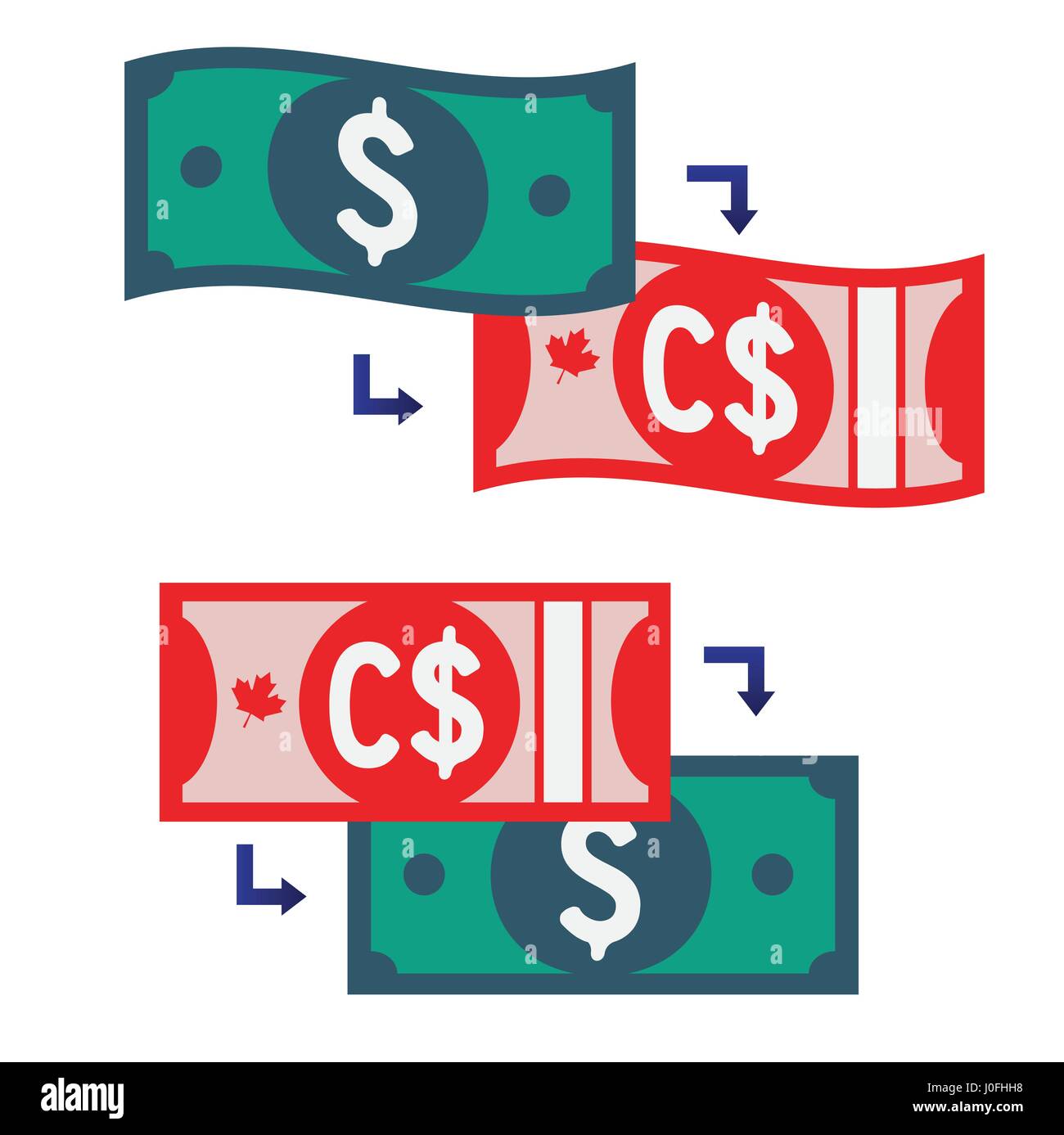 Canadian and American Dollar Exchange with bank notes Stock Vector