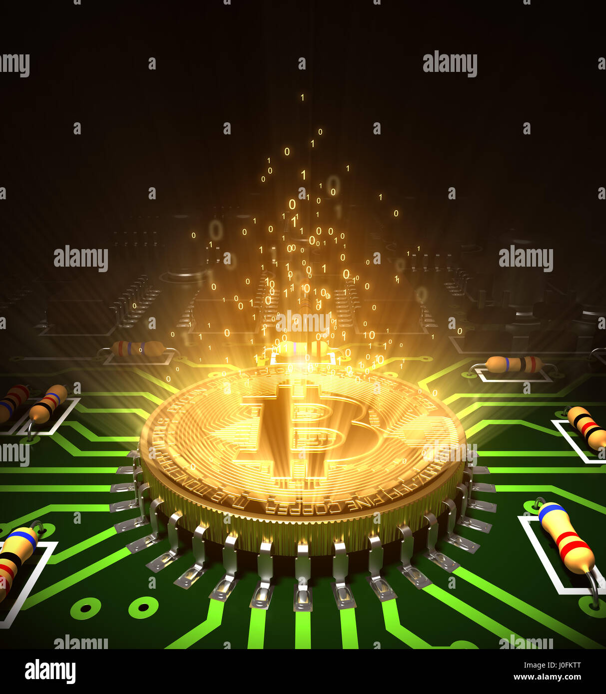 Concept Of Bitcoin Like A Computer Processor With Magic Digital Light On Motherboard. 3D Illustration. Stock Photo
