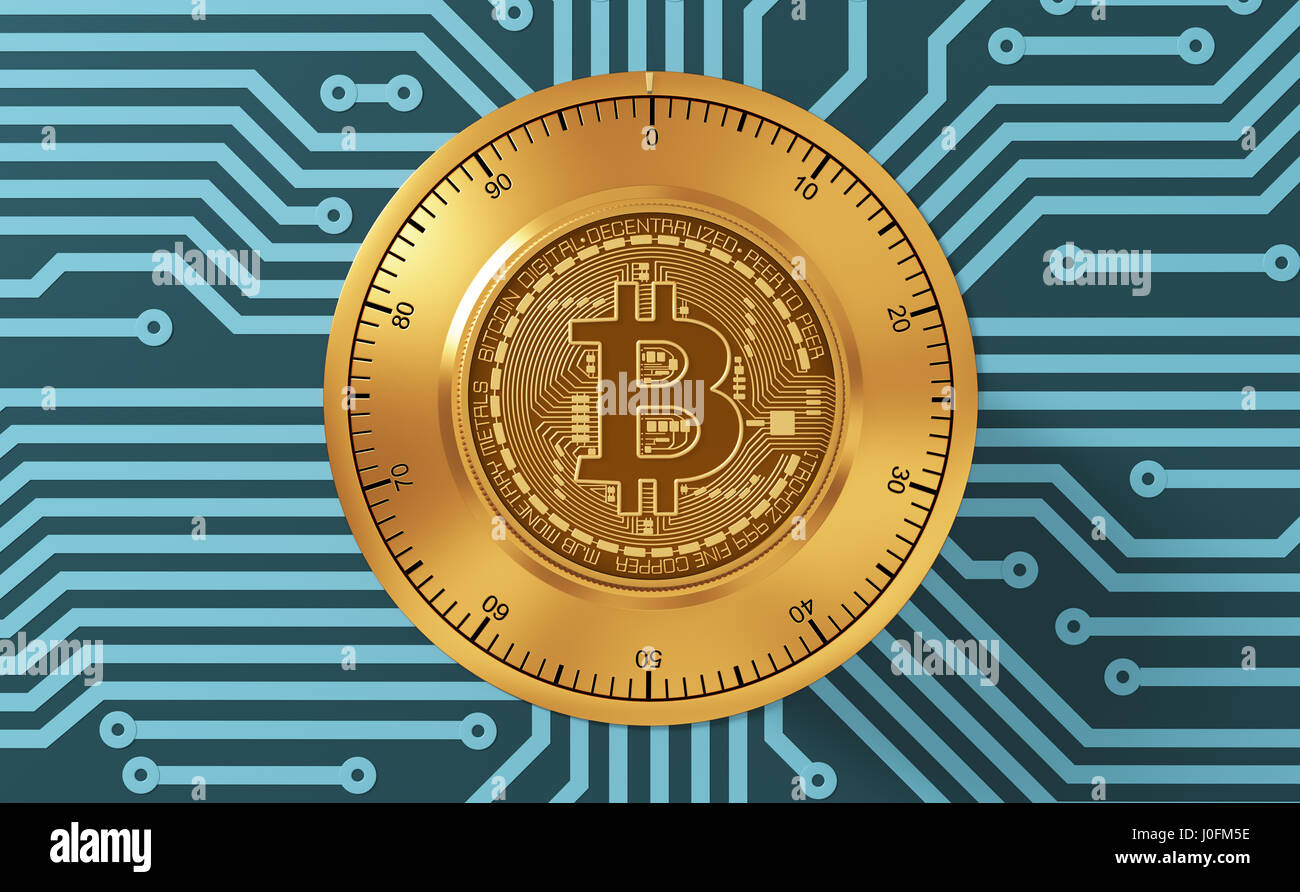 Concept Of Bitcoin Like A Electronic Security Lock On Blue Printed Circuit Board. 3D Illustration. Stock Photo