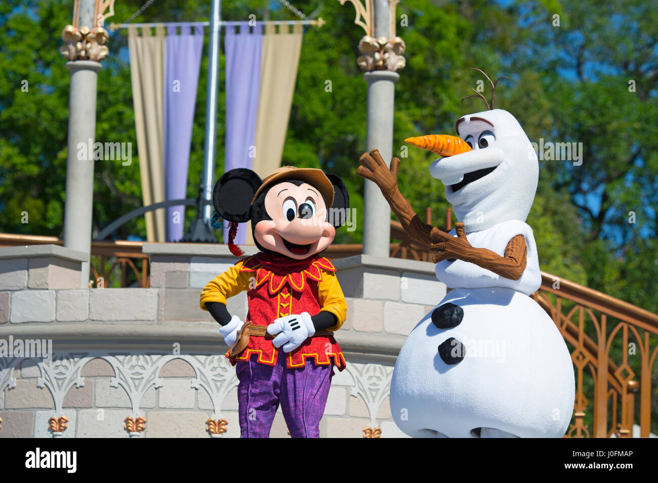 Olaf and Mickey Mouse,  Olaf character Disney Movie Frozen, Disney World, Orlando Florida Stock Photo