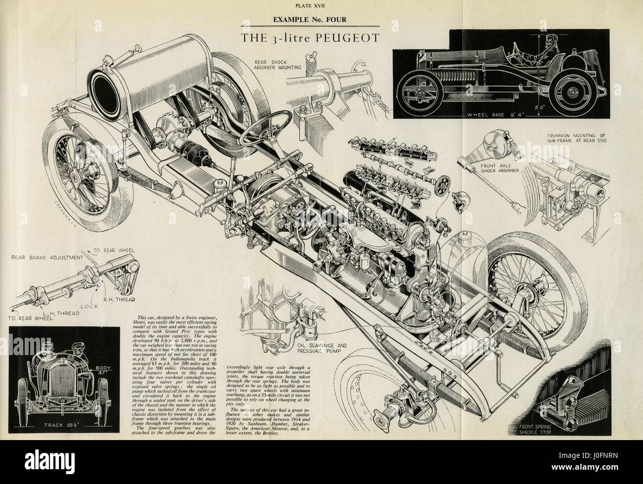 The 3 litre Peugeot, drawing of the vehicle chassis and engine Stock Photo