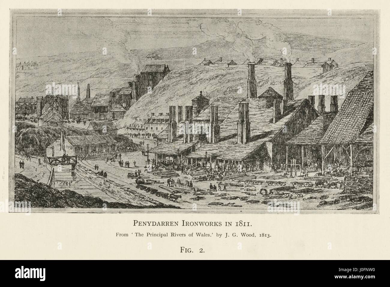 Penydarren Ironworks in 1811, from 'The Principal Rivers of Wales' by J G Wood Stock Photo