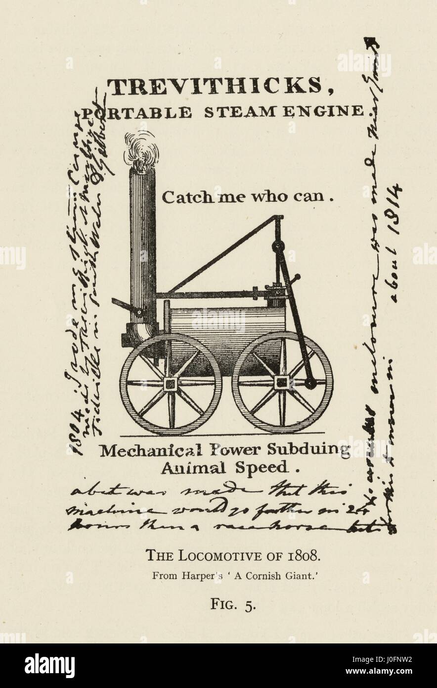 Richard Trevithick's portable steam engine of 1808, 'Catch me who can', signed ticket. Steam locomotive, demonstrated to the public at a 'steam circus' organized by Trevithick on a circular track in Bloomsbury, just south of the present-day Euston Square Stock Photo