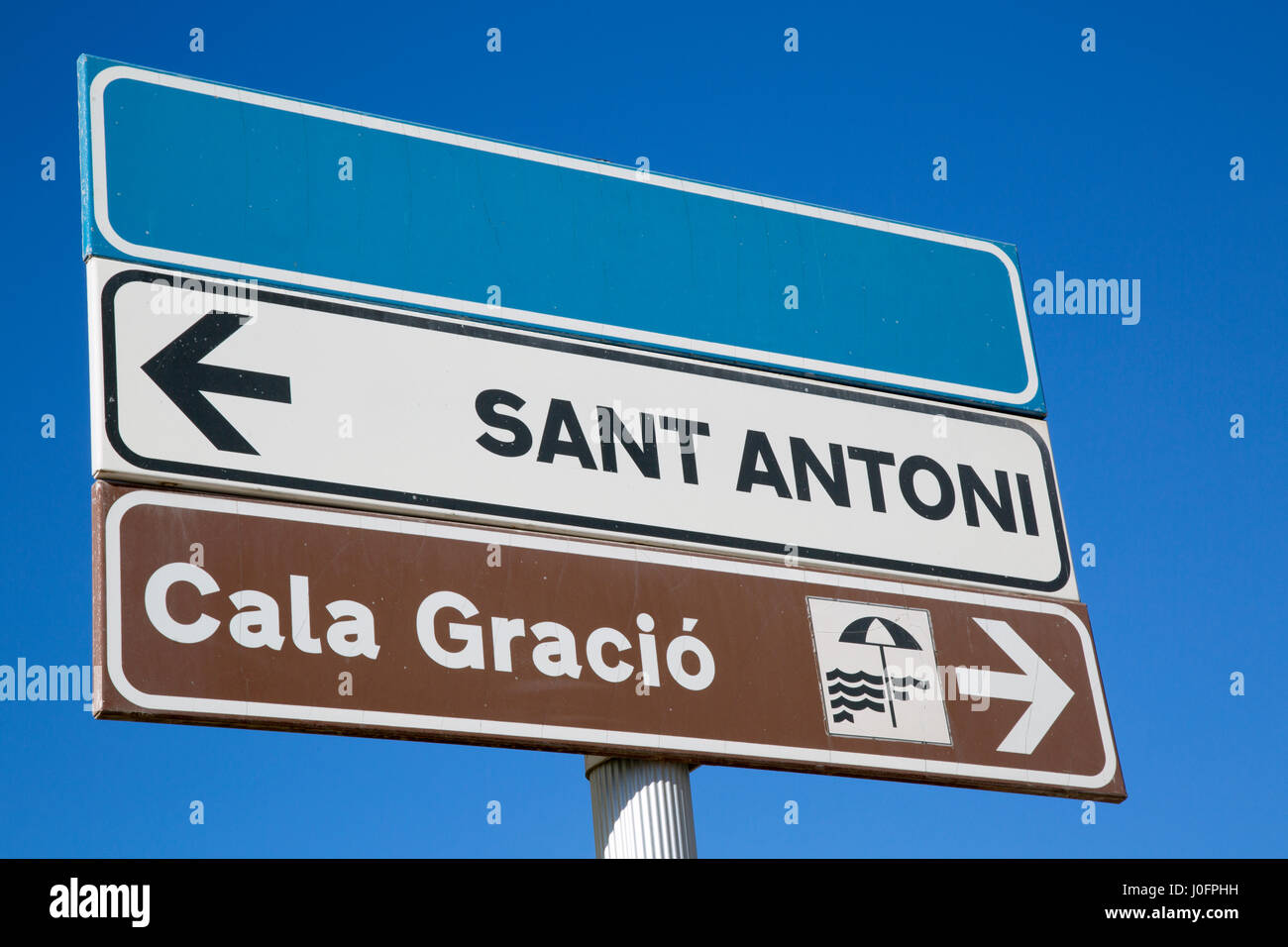 Gracio Cove Beach Sign; Ibiza; Spain Stock Photo