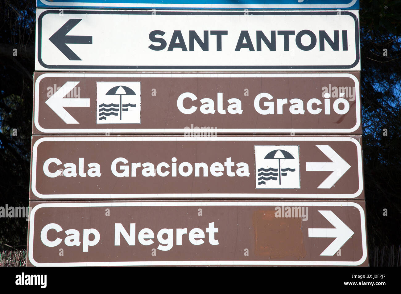 Gracio Cove Beach and San Antonio Sign; Ibiza; Spain Stock Photo