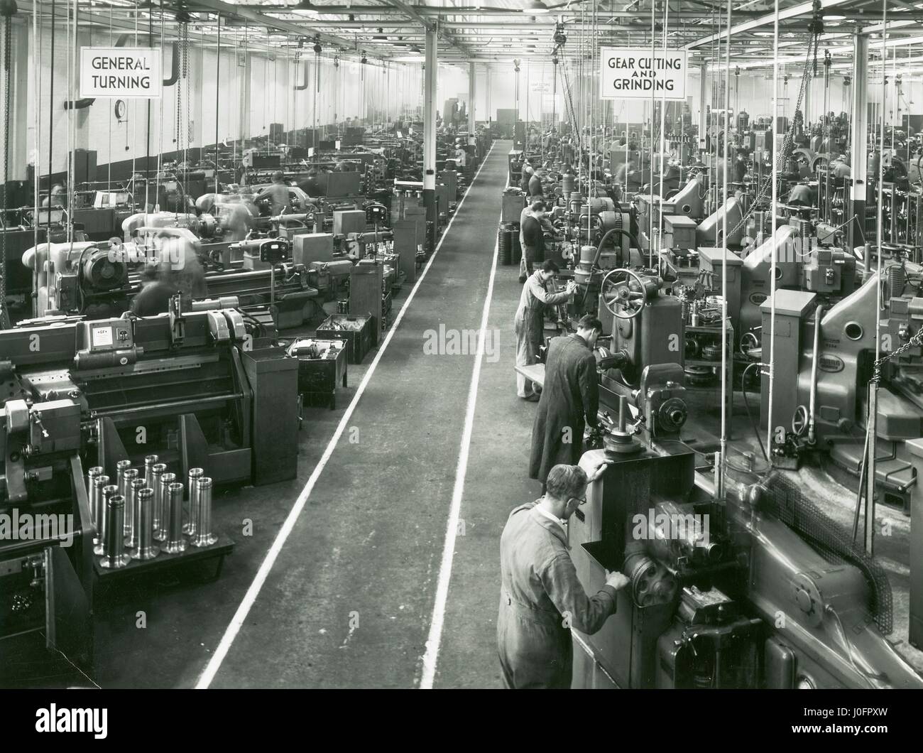 Liverpool works, general turning line on the left, gear cutting and grinding on the right Stock Photo
