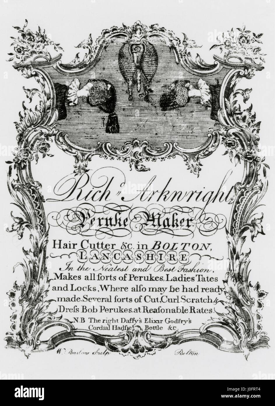 Richard Arkwright business card, Peruke Maker, Hair Cutter & C., Bolton Stock Photo