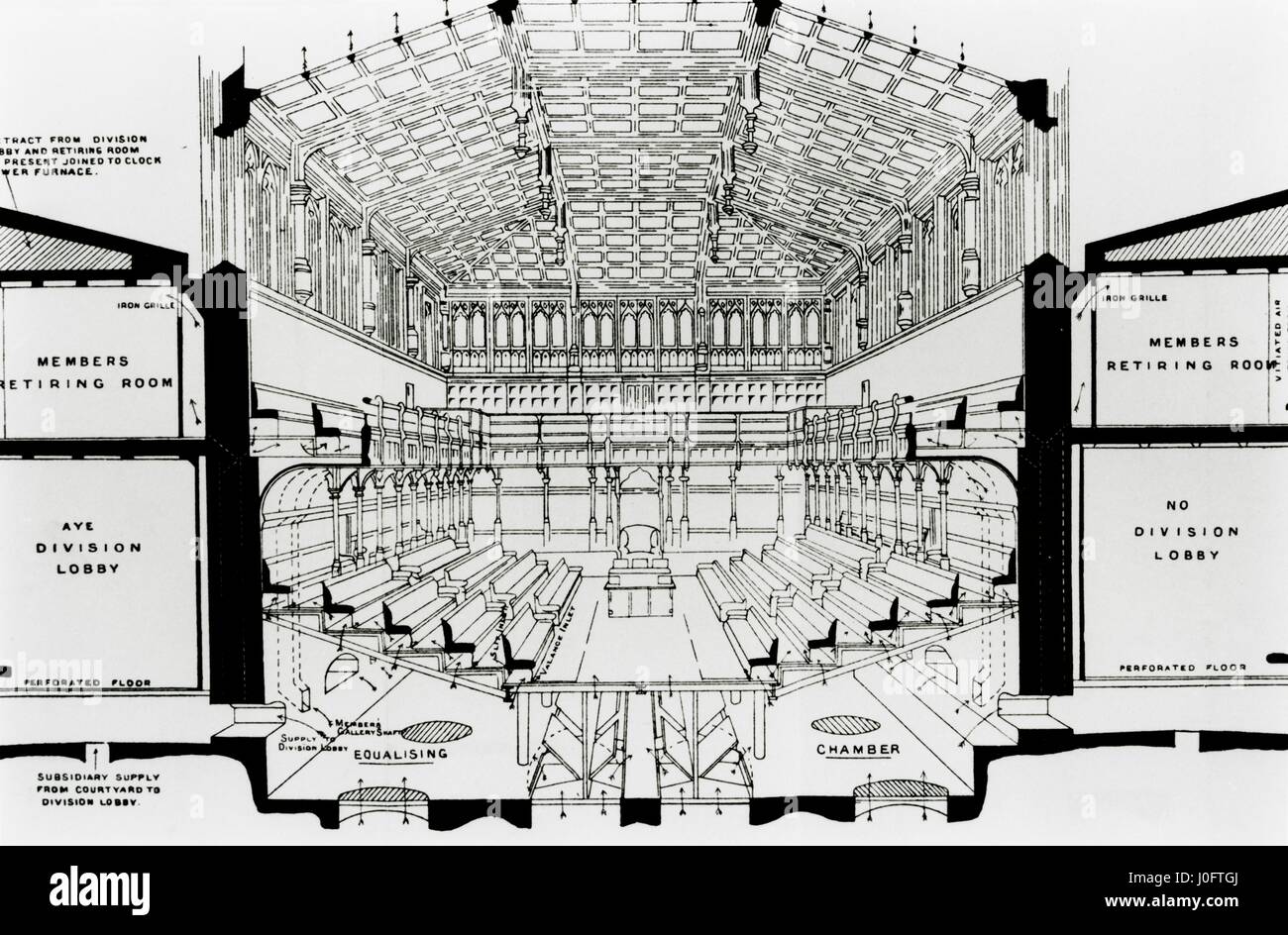 Cross section of debating the chamber and division lobbies, sheet no 3 Stock Photo
