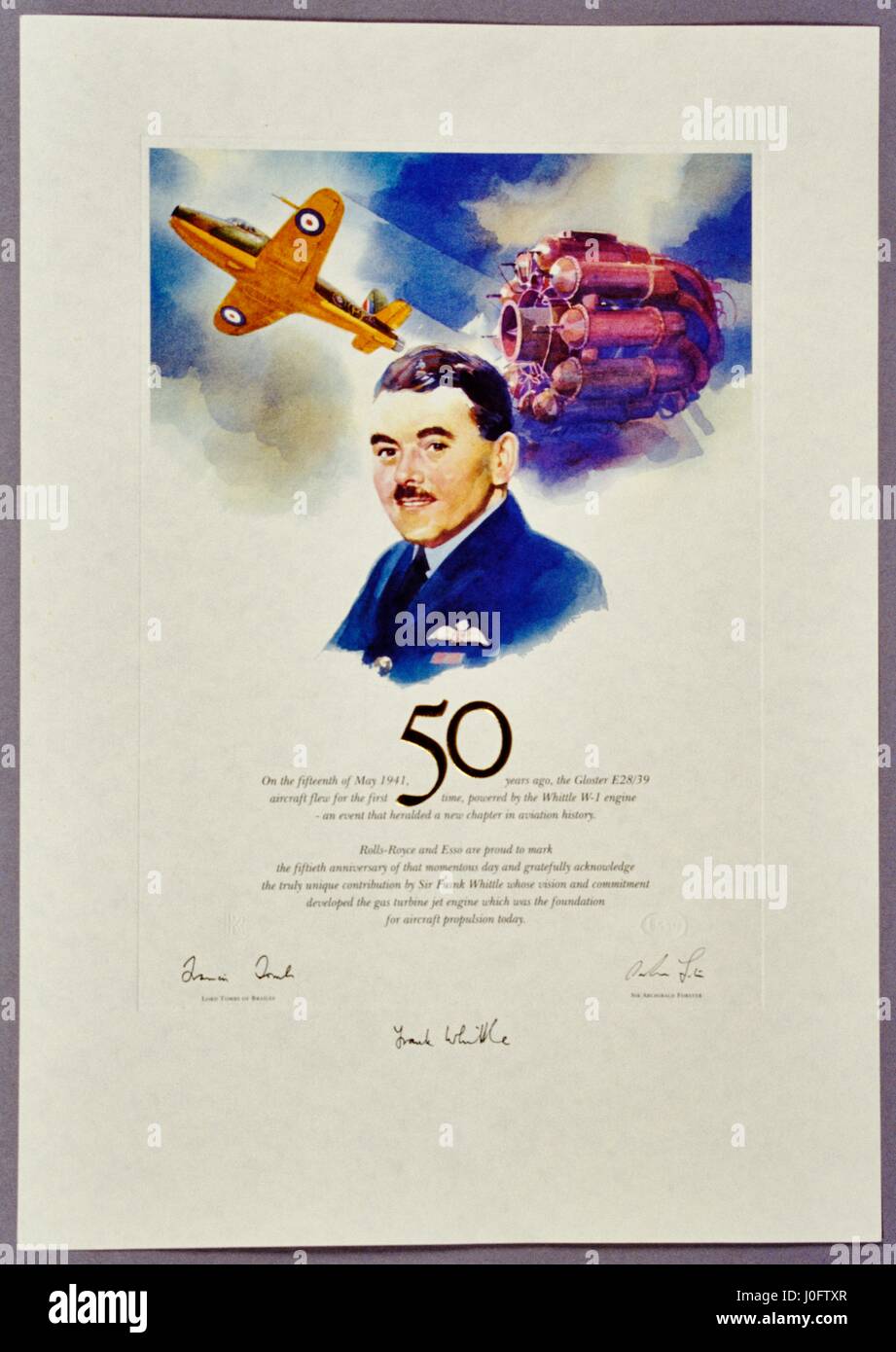 Commemorative certificate, 50th anniversary Gloster E28/39's first flight illustrated with a portrait of Sir Frank Whittle Stock Photo