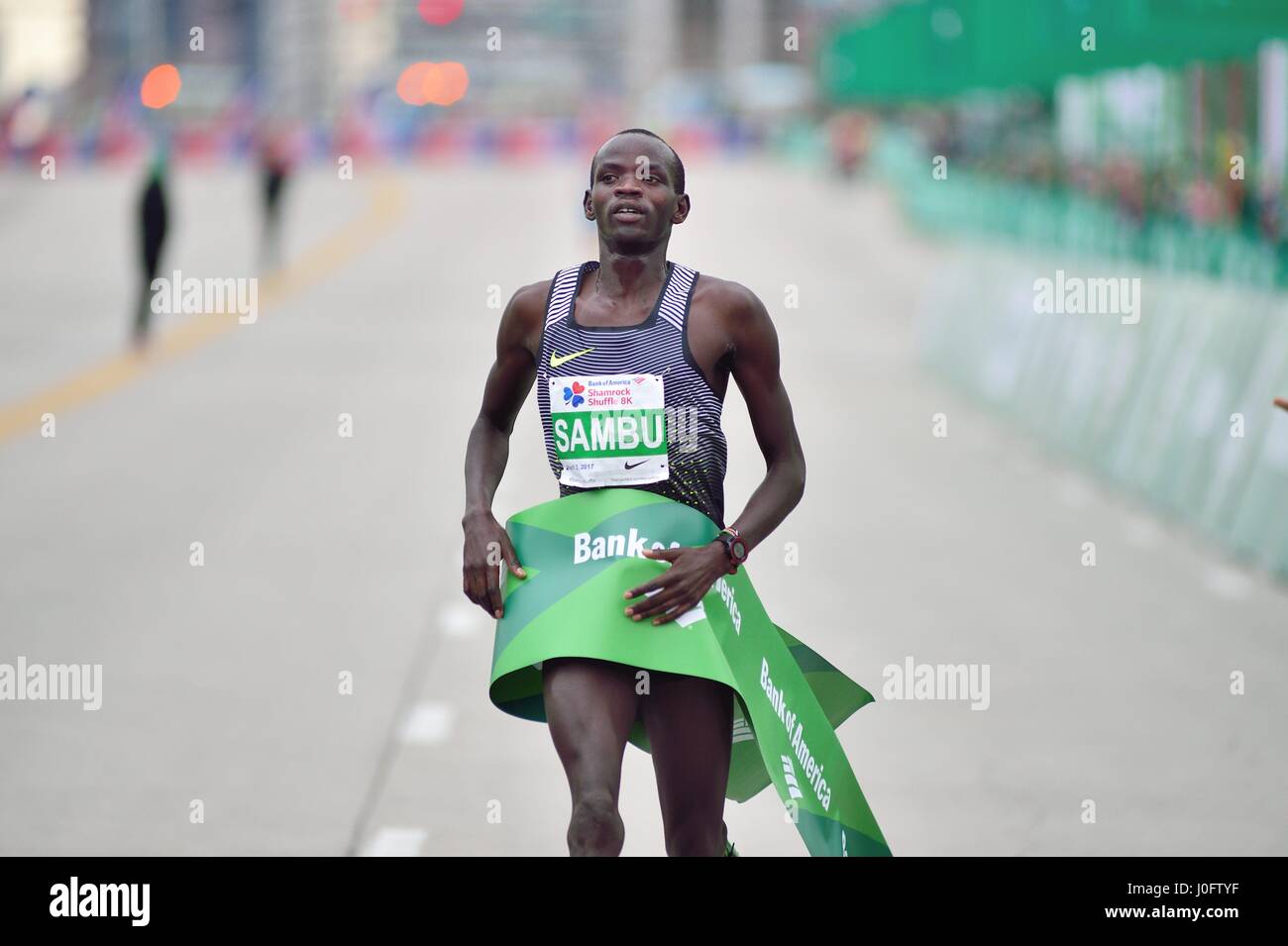 Kenyan Stephen Sambu crossing the finish line to win the 2017 Shamrock