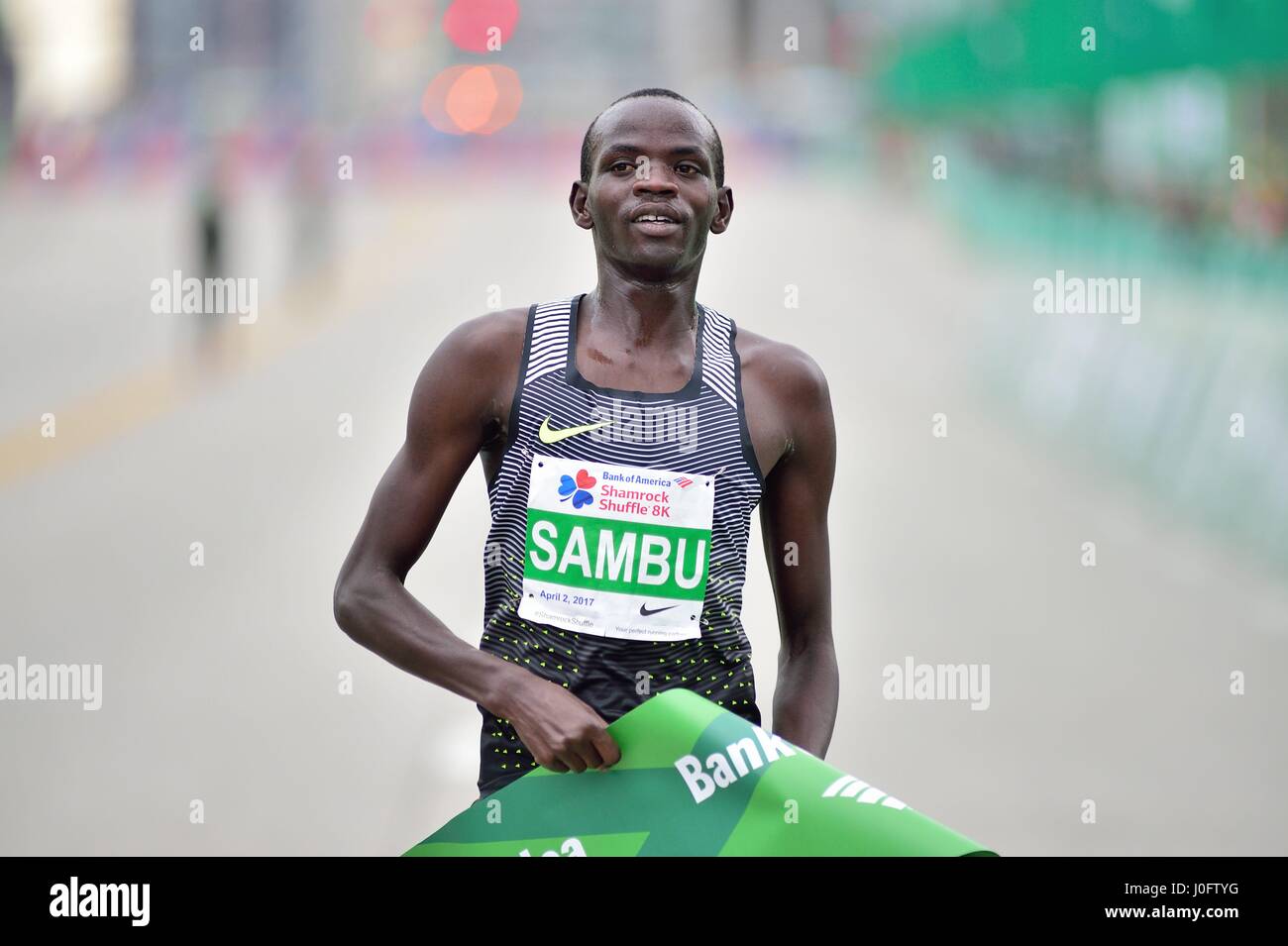 Kenyan Stephen Sambu crossing the finish line to win the 2017 Shamrock