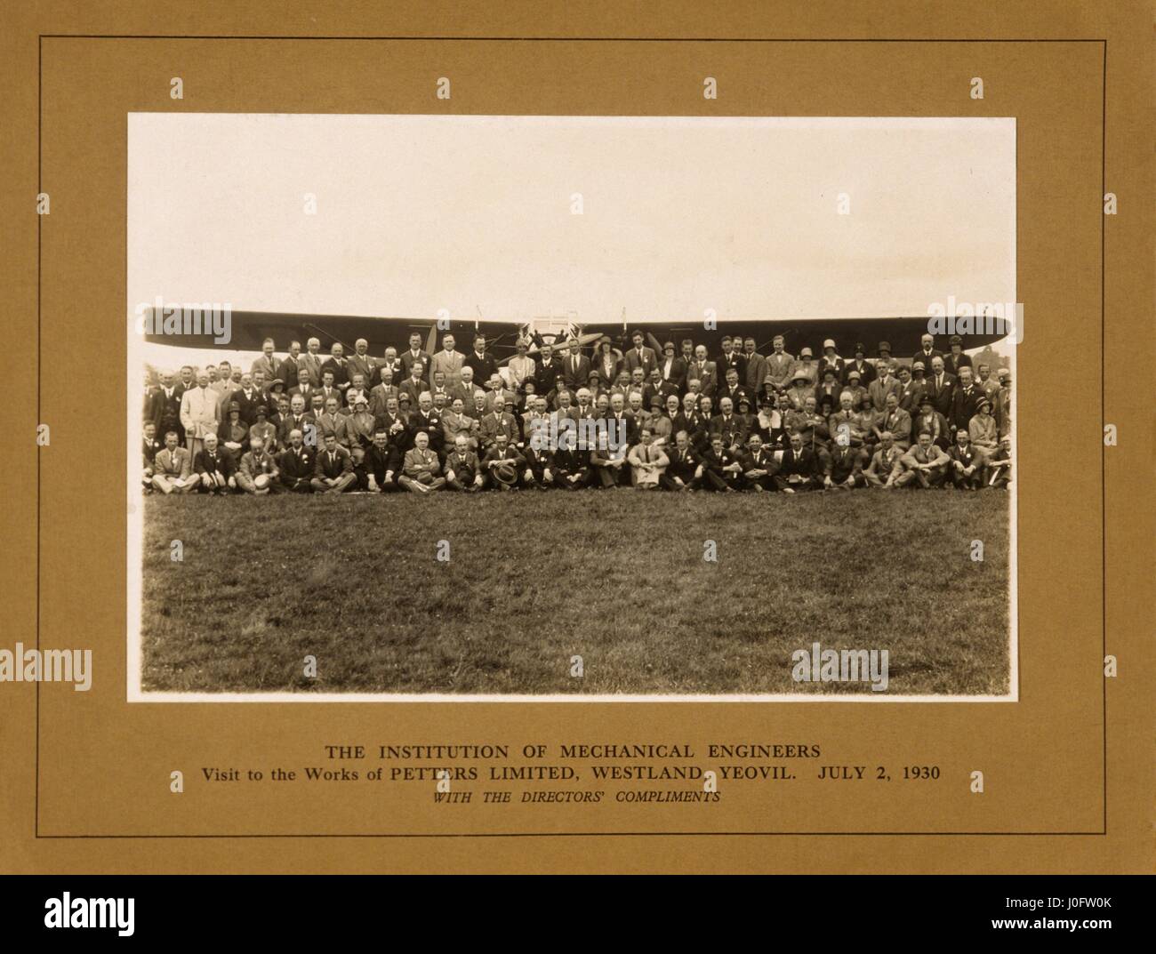 Visit to the works of Petters Ltd, Yeovil July 2, group positioned in front of an aeroplane Stock Photo