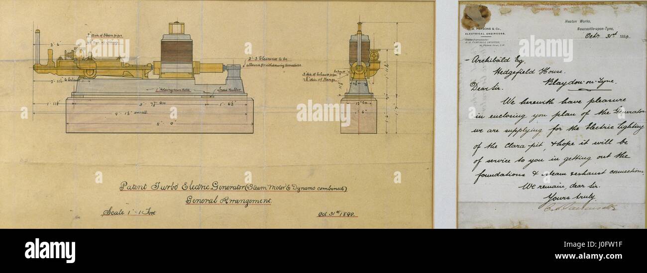 Patent turbo electric generator, steam motor and dynamo combined Stock Photo