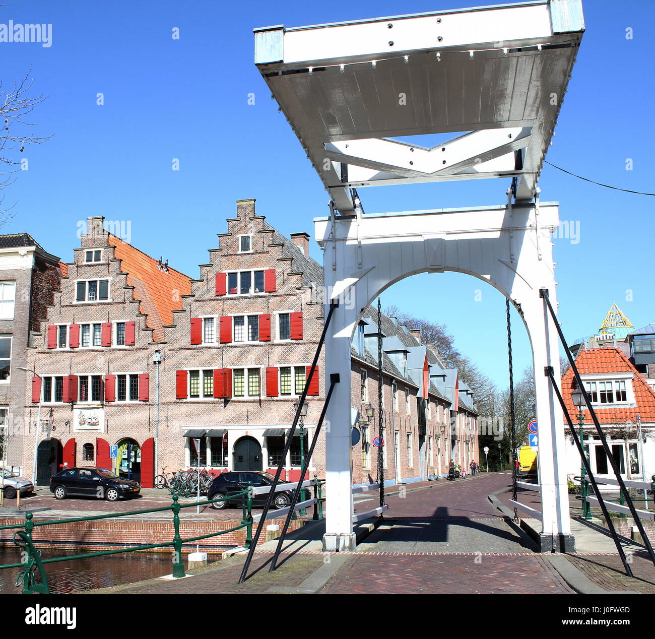 17th century warehouses of the Dutch East India company (Vereenigde Oostindische Compagnie) in Hoorn, Netherlands at Onder de Boompjes canal. Stock Photo