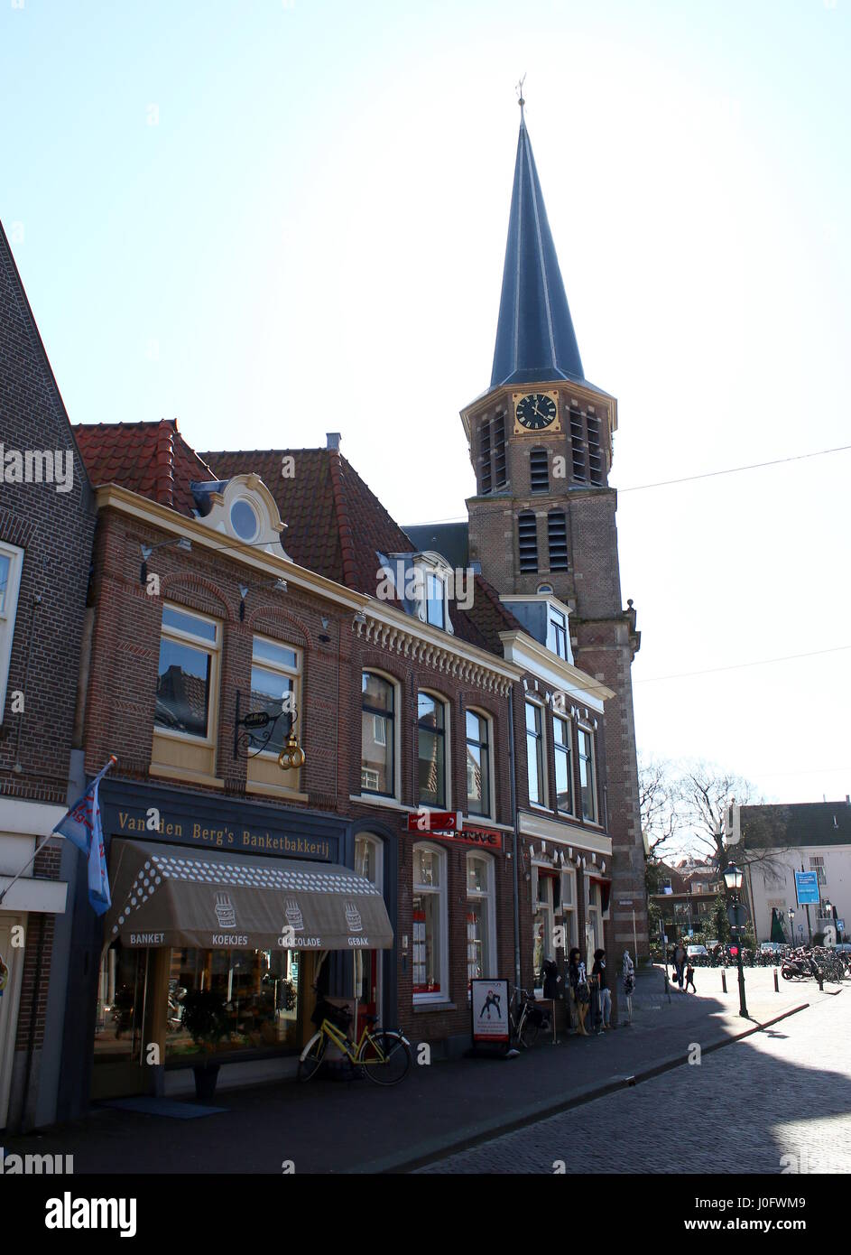 Grote Kerk church tower seen from Nieuwstraat,  Hoorn, North Holland, Netherlands. Stock Photo