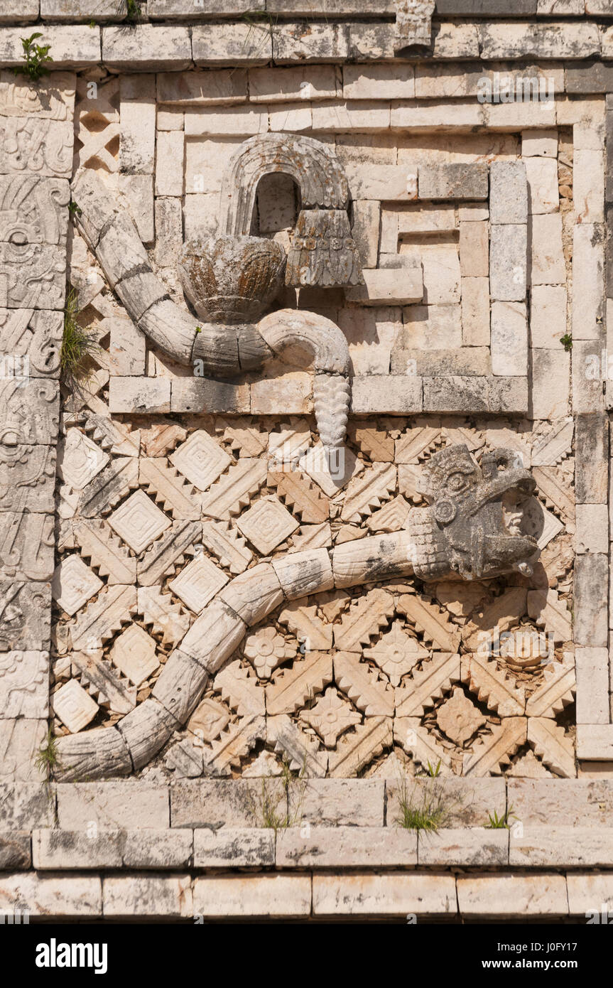 Mexico, Yucatan, Uxmal Mayan site, Nuns' Quadrangle, West Temple, Quetzalcoatl Kukulcan feathered serpent figure Stock Photo
