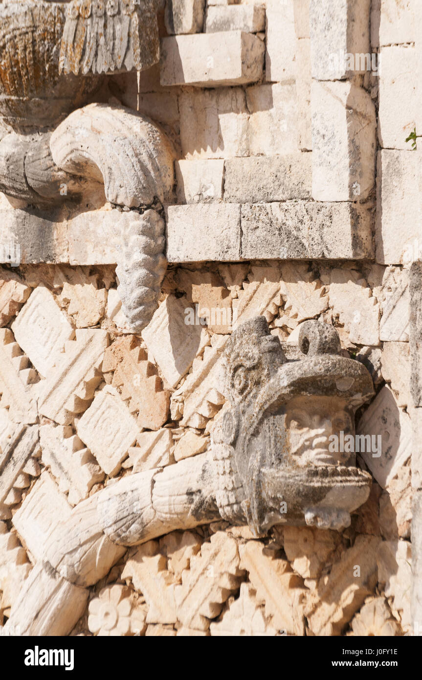 Mexico, Yucatan, Uxmal Mayan site, Nuns' Quadrangle, West Temple, Quetzalcoatl Kukulcan feathered serpent figure Stock Photo