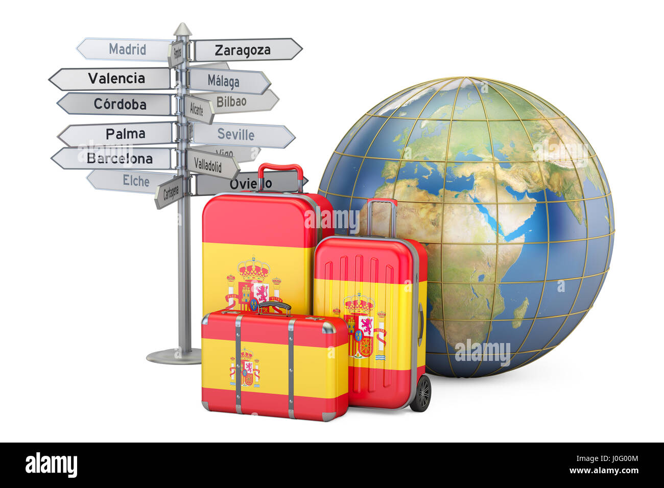 Spain travel concept. Suitcases with Spanish flag, signpost and Earth